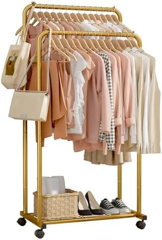 Clothes Rack - Clothing Rack with Storage Mesh Shelf & Casters, Heavy ...