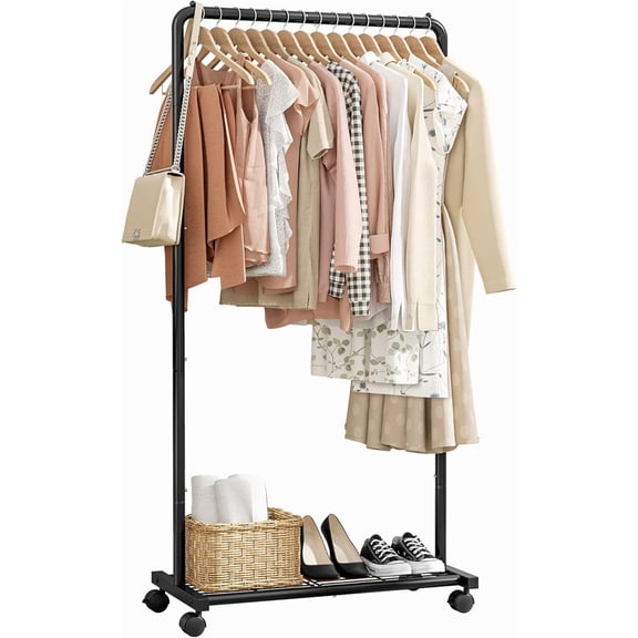 Clothes Rack - Clothing Rack with Storage Mesh Shelf & Casters, Heavy-Duty Metal Clothing Rack for Hanging Clothes, Dresses, Coats, Large Load Capacity, Easy Assembly, Black, 28.0"x16.9"x59.0"