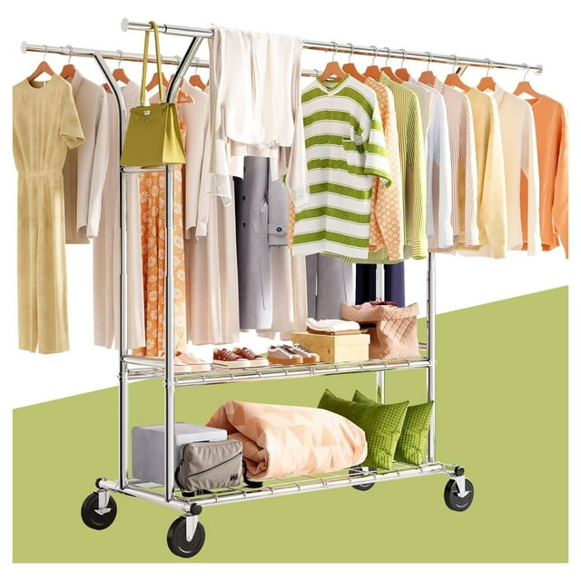 Clothes Rack, Clothing Rack with Wheels 640 LBS Adjustable Garment Rack