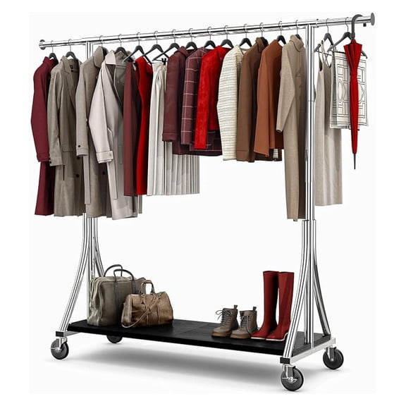 Clothes Rack, Clothing Rack with Wood Shelves 500 LBS Heavy Duty Garment Rack for Hanging Clothes Portable Closet Sturdy Coat Rack for Bedroom, Living Room, Laundry, Balcony, Silver