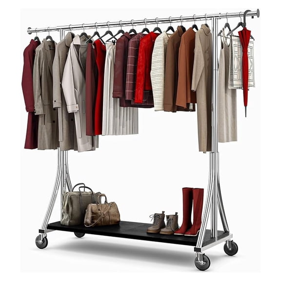Clothes Rack, Clothing Rack with Wood Shelves 500 LBS Heavy Duty Garment Rack for Hanging Clothes Portable Closet Sturdy Coat Rack for Bedroom, Living Room, Laundry, Balcony, Silver