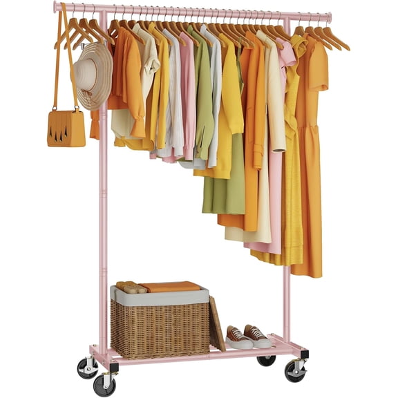 Clothes Rack, Clothing Rack for Hanging Clothes, Rolling Garment Rack Sturdy Coat Rack Portable Wardrobe Rack Metal Closet Rack for Bedroom Laundry Living Room, Pink