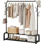 Clothes Rack,Clothing Rack for Hanging Clothes, Garment Rack with Two Lower Storage and 6 Hooks, Black