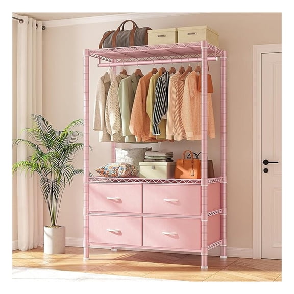 Clothes Rack, Clothing Rack for Hanging Clothes with 4 Drawers Load 420LBS Heavy Duty Garment Rack with Drawers, Pink