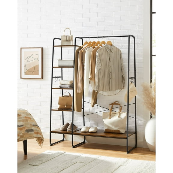 Clothes Rack, Clothing Rack with Shoe Shelf, 5-Tier Storage Rack, 6 Side Hooks, for Bedroom, Living Room, Rustic Brown and Black