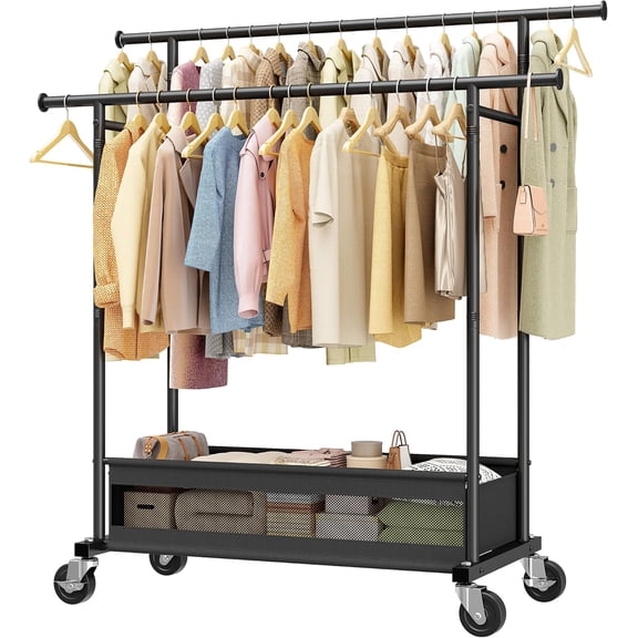Clothes Rack Clothing Racks for Hanging Clothes, Rolling Clothes Rack Portable Clothing Rack, Double rod clothing rack with Storage Basket, Garment rack for Bedroom, Laundry Room, Black