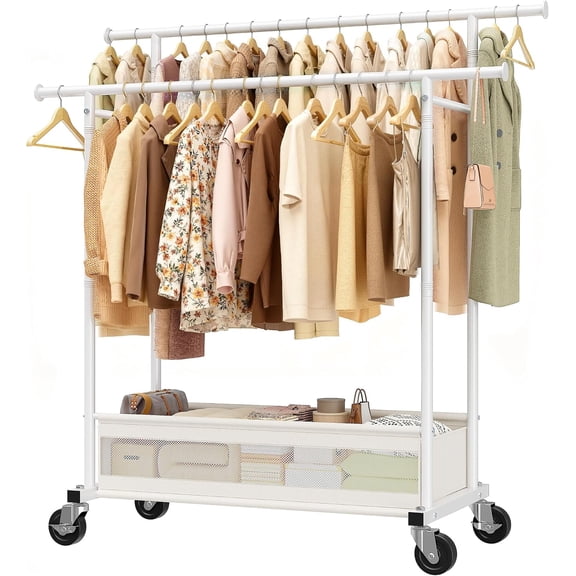 Clothes Rack Clothing Racks for Hanging Clothes, Rolling Clothes Rack Portable Clothing Rack, Double rod clothing rack with Storage Basket, Garment rack for Bedroom, Laundry Room, White