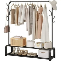 Clothes Rack,Clothing Racks for Hanging Clothes with Two Lower Storage and 6 Hooks, Black