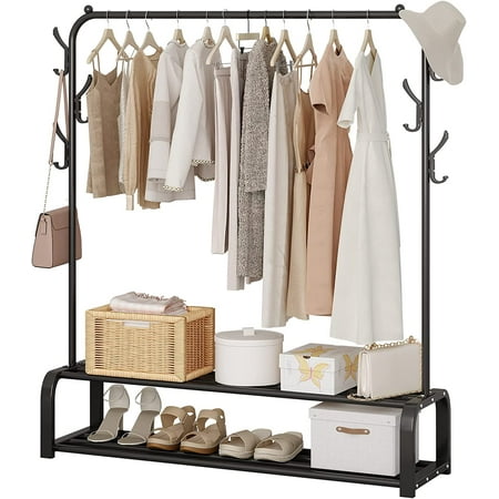 Clothes Rack,Clothing Racks for Hanging Clothes with Two Lower Storage and 6 Hooks, Black