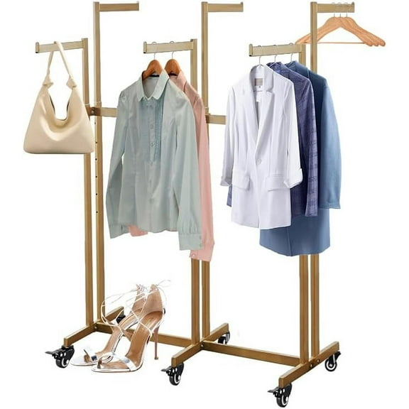 Clothes Rack, Clothing Retail Rack Floor Standing Metal Garment Rack With Wheels, Adjustable From 46.8" To 64", For Commercial Retail 8 Arms Rectangular tubeClothes Display Rack (Gold, 46in/116cm)