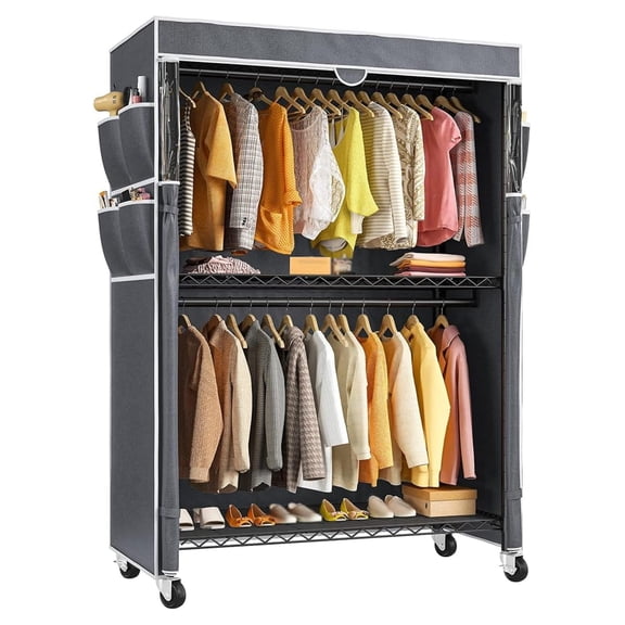 Clothes Rack with Cover, 81" H Clothing Racks for Hanging Clothes, Portable Closet with Wheels, Heavy Duty Garment Rack with Side Pockets and Adjustable Feets, Max Load 440LBS, Black