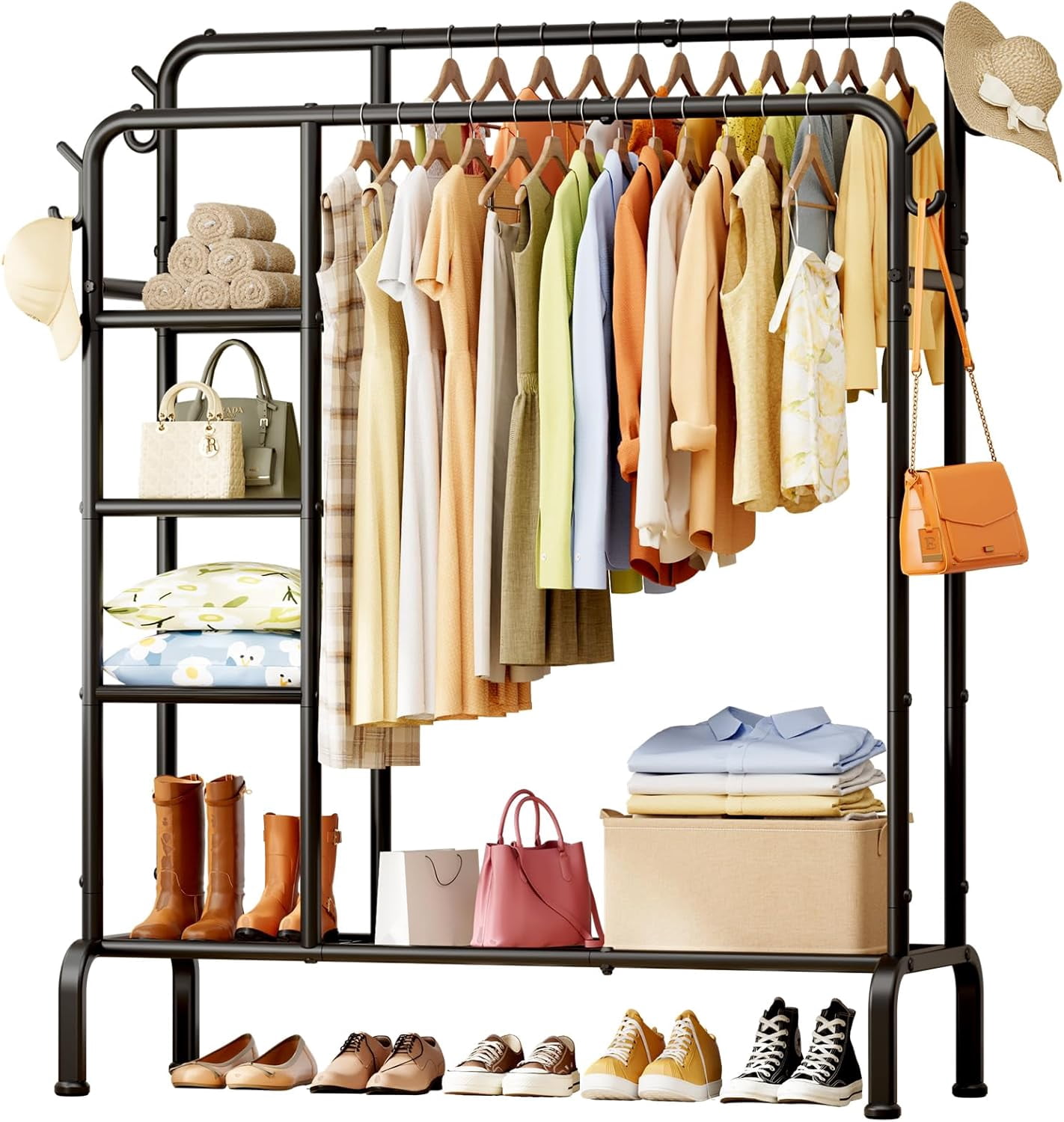 Clothes Rack - Double-Rod Clothing Rack with Built-In Hooks & Shelves ...