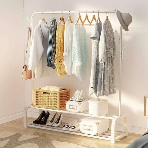 Clothes Rack, Double-Rod Clothing Rack, Garment Rack, For Boxes Shoes Boots Storage, Metal Frame, White