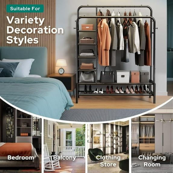 Clothes Rack, Double Rods Clothing Rack with 2 Bottom Shelves & 4 Side ...