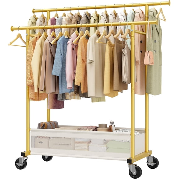 Clothes Rack, Double Rods Clothing Rack, Clothing Racks for Hanging Clothes, Rolling Clothes Rack with Storage Basket & Heavy Duty Wheels, Garment Rack for Bedroom, Laundry Room, Gold
