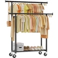 thumbnail image 1 of Clothes Rack, Double Rods Clothing Rack for Hanging Clothes, Metal Garment with Rolling Wheels, Portable Wardrobe Closet Coat, Bedroom, Laundry, Black, 1 of 4