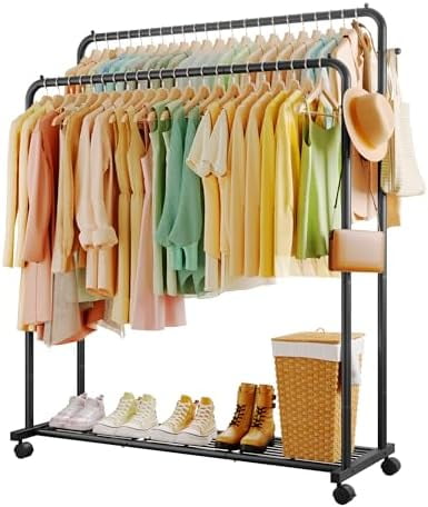 Clothes Rack - Double Rods Clothing Rack with Mesh Shelf, Hooks ...