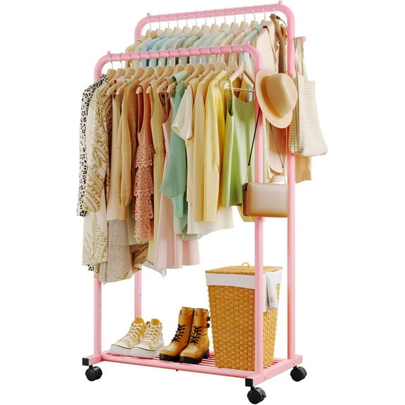 Clothes Rack - Double Rods Clothing Rack with Mesh Shelf, Hooks & Wheels, Metal Clothing Racks for Hanging Clothes & Bags, Multifunctional Garment Rack for Laundry
