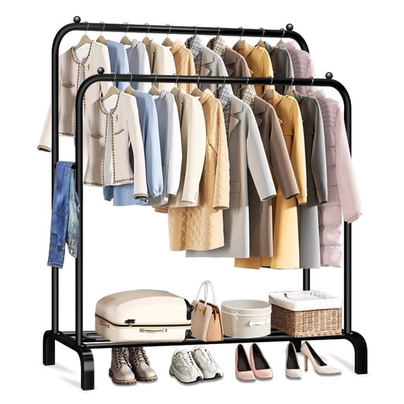 Clothes Rack, Double Rods Garment Rack with Storage Shelf, Clothing Rack for Hanging Clothes, Multi-functional Bedroom Clothes Rack, Black