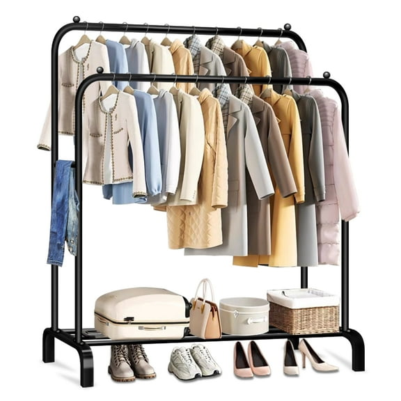 Clothes Rack, Double Rods Garment Rack with Storage Shelf, Clothing Rack for Hanging Clothes, Multi-functional Bedroom Clothes Rack, Black