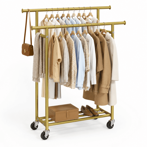 Clothes Rack Double Rods Rolling Clothing For Hanging Portable Garment With Wheels Coat Wardrobe Closet Load 240 Lbs Bedroom Laun
