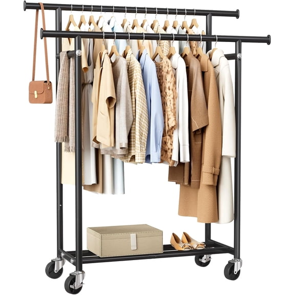 Clothes Rack, Double Rods Rolling Clothing Rack for Hanging Clothes, Portable Garment with Wheels, Coat Wardrobe Closet Load 240 LBS Bedroom Laundry Room (Black, L)