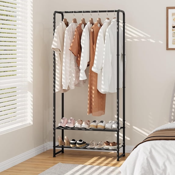 Clothes Rack with Double Storage Shelves 2-in-1 Portable Metal ...