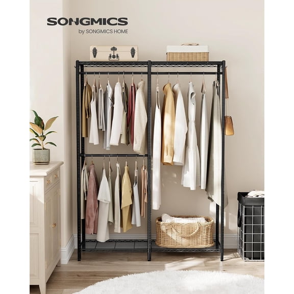 SONGMICS Clothes Rack, Freestanding Wardrobe Closet, Metal Clothing Racks, Heavy-Duty Garment Rack with Adjustable Shelves, Hanging Rods Ink Black