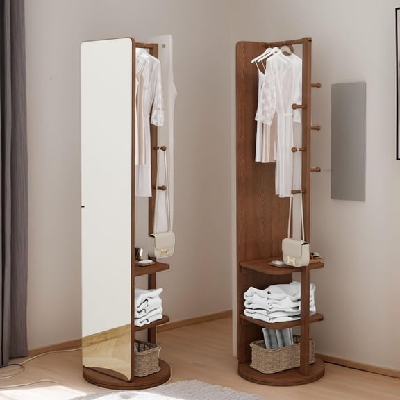 Clothes Rack with Full-Length Mirror, Swivel Full-Length Mirror & Rotating Mirrors with Storage, Floor Length Mirrors with Hanger and Open Shelves, Space Saver (Walnut, 66"x14")