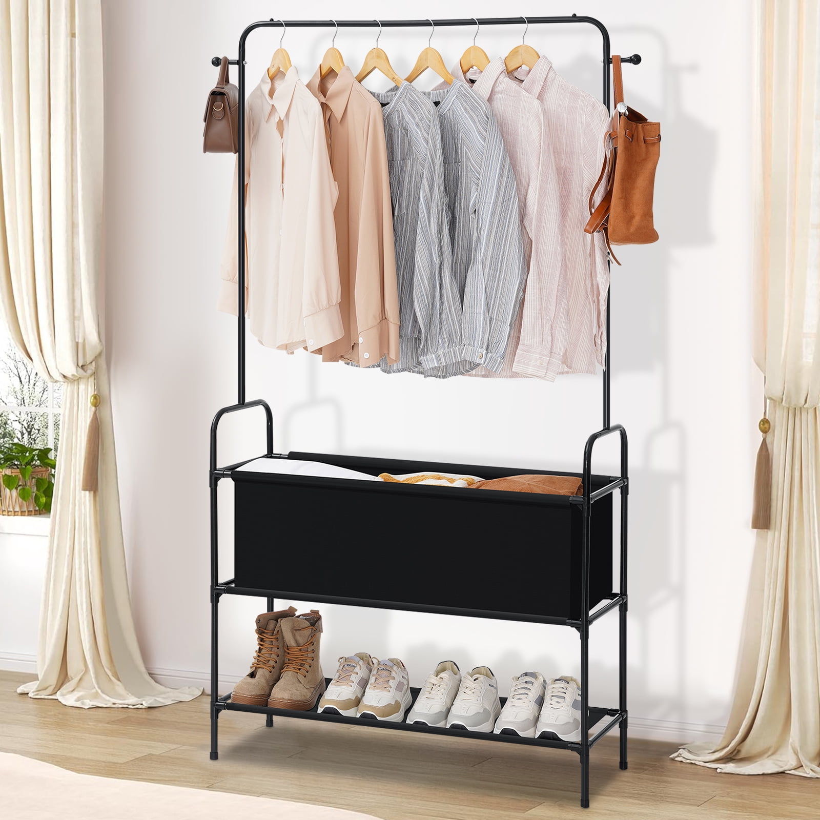 Clothes Rack Garment Rack, HONEIER 3-in-1 Metal Clothing Rack with ...