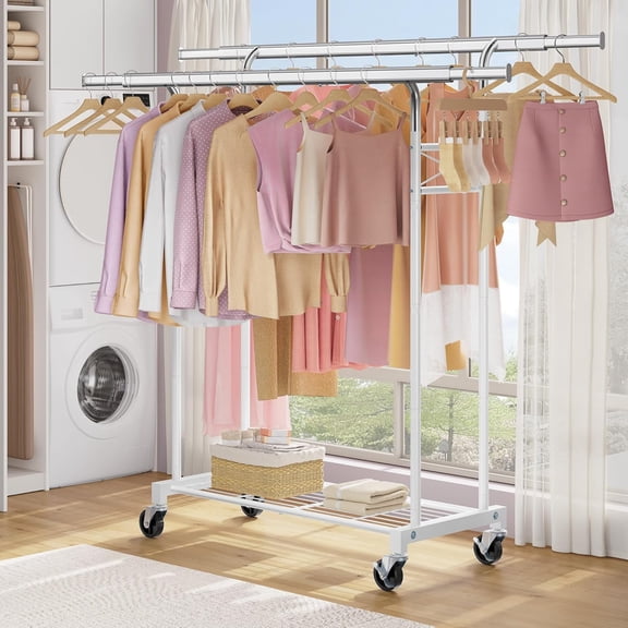 Clothes Rack for Hanging Clothes Double Rods, Rolling & Extending Clothing Rack with Wheels, Garment Coat Rack Freestanding, Portable Closet Organizers and Storage, White