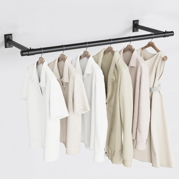 Clothes Rack for Hanging Clothes, Heavy Duty Metal Clothing Rack, 48'' Modern Style Garment Bar Closet Rod, Saving Wall Mounted Clothes Hanger for Laundry Room, Closet, Matte Black