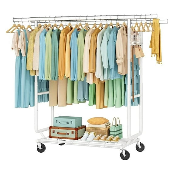 Clothes Rack Heavy Duty, 2-Minute Assembly Rolling Garment Rack with Wheels, Foldable Extendable Rack, Adjustable Metal Pole, White