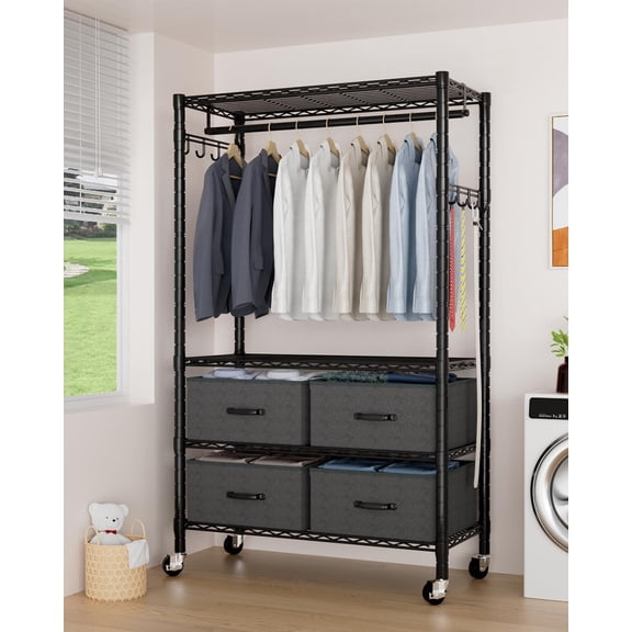 Clothes Rack, Heavy Duty Clothing Rack for Hanging Clothes, 4-Tier Adjustable Closet Organizer with 4 Drawers | Hanging Rod | Side Hooks | Load 445lbs | 15.7" D x 35.4" W x 74.1" H