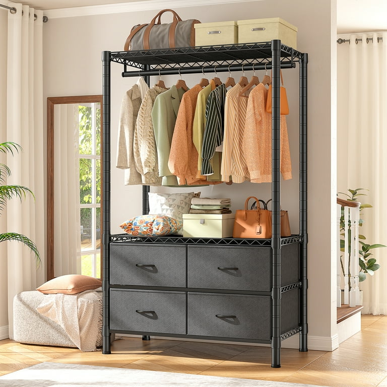 Clothes Rack with Fabric Drawers Adjustable Wardrobe Closet Rack with Metal Wire Shelf Black