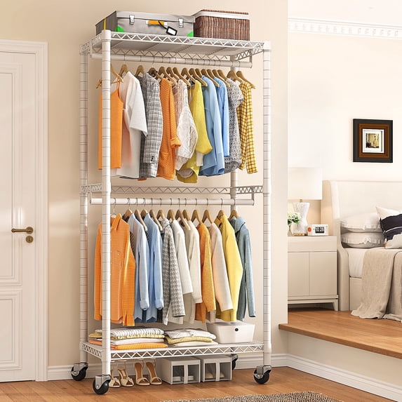 Clothes Rack, Heavy Duty Clothing Rack for Hanging Clothes, Clothing Rack with Wheels, Adjustable Metal Garment Rack, 15.7" D x 35.5" W x 79" H, White