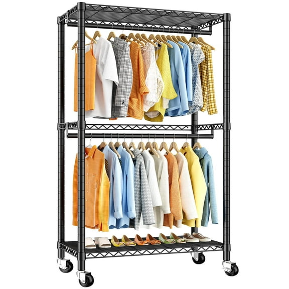 Clothes Rack, Heavy Duty Clothing Rack for Hanging Clothes, Clothing Rack with Wheels, Adjustable Metal Garment Rack, 15.7"D x 35.5"W x 79"H, Black