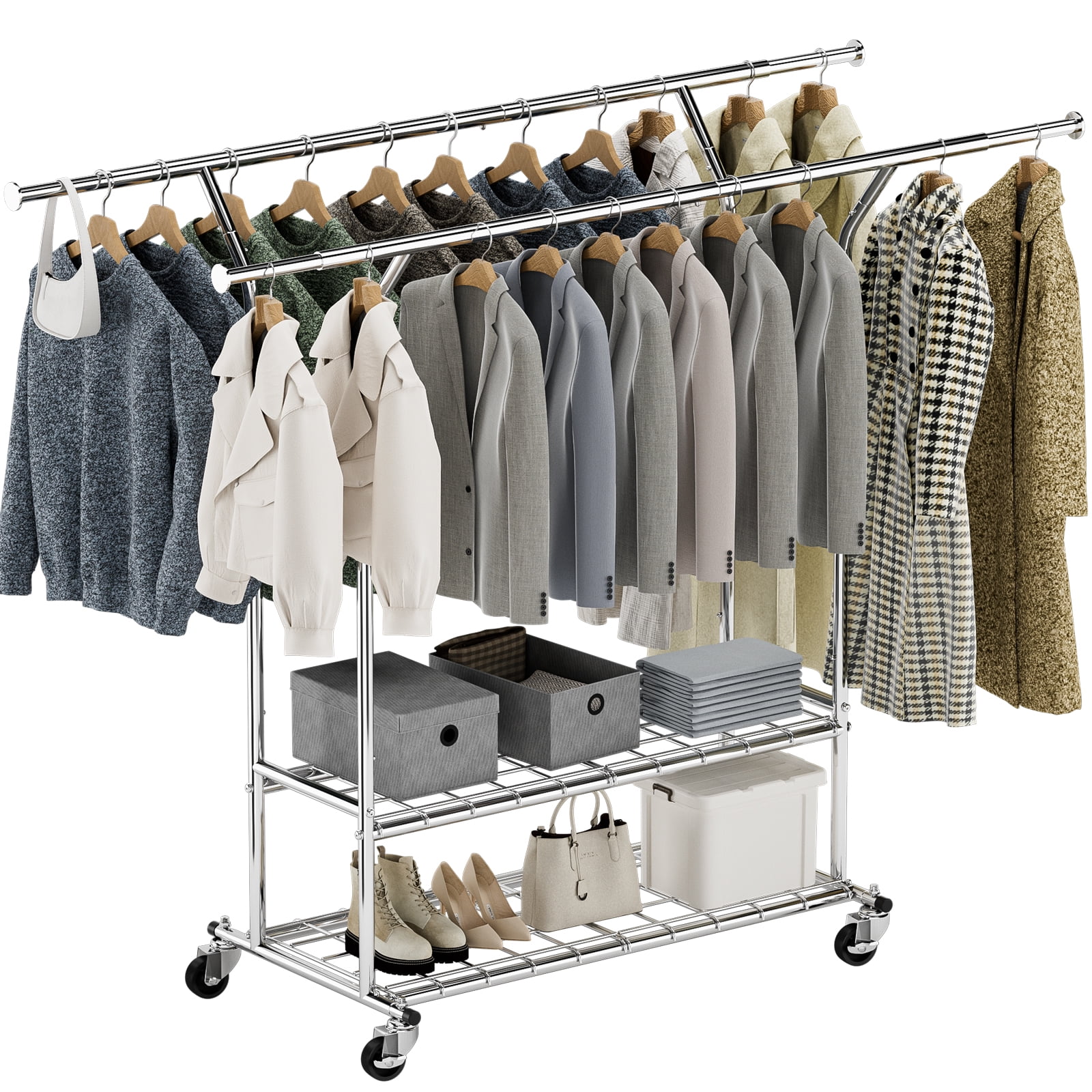 Heavy Duty Silver Metal Rolling Garment Rack with Shelves