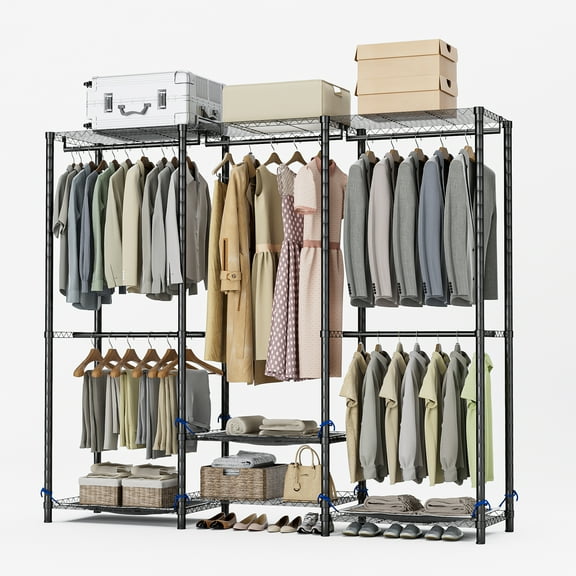 Clothes Rack Heavy Duty Garment Rack with Cover and Adjustable Shelves, Freestanding Portable Closet Rack Wardrobe Rack for Bedroom Clothes Storage, Black Clothing Rack with Grey Cover