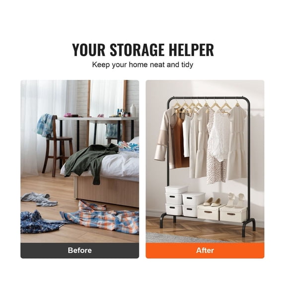 Clothes Rack Heavy Duty, Garment Rack with Shelf, Bedroom Clothing Rack for Hanging Clothes, Metal Coat Rack for Guest Room - Black