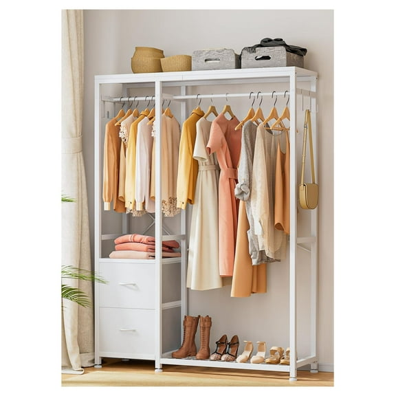 Clothes Rack Heavy Duty, Industrial Garment Rack with Shelves & 2 Drawers, Freestanding Closet Organizer, 2 Hanging Rods, 300lbs Capacity, Modern Bedroom Storage