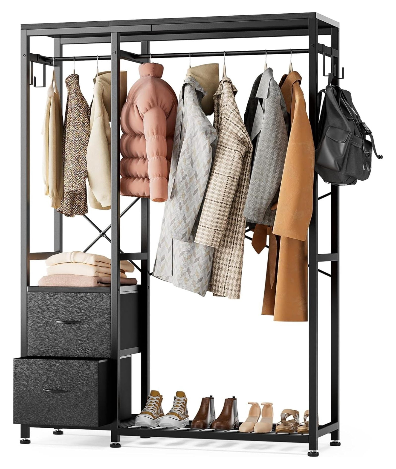 Heavy Duty 2-Rod Rolling Garment Rack With Shelves – 15.7 X 29.5 X 74.5 Inches – Silver Metal