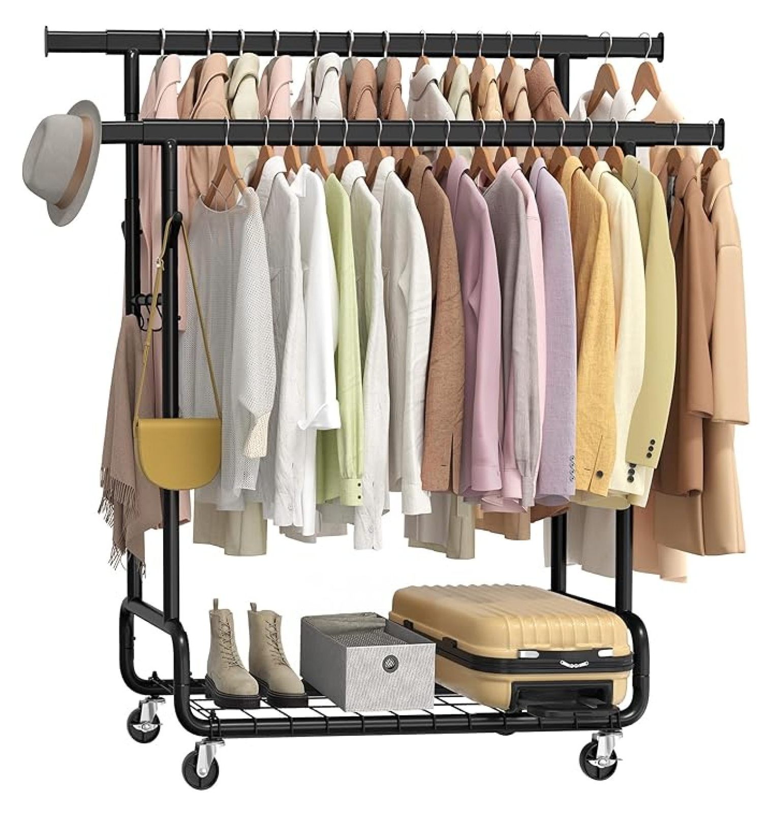 Garment Rack Extendable Clothes Rack, Heavy-Duty Rolling Clothing Garment Rack with Wheels ...