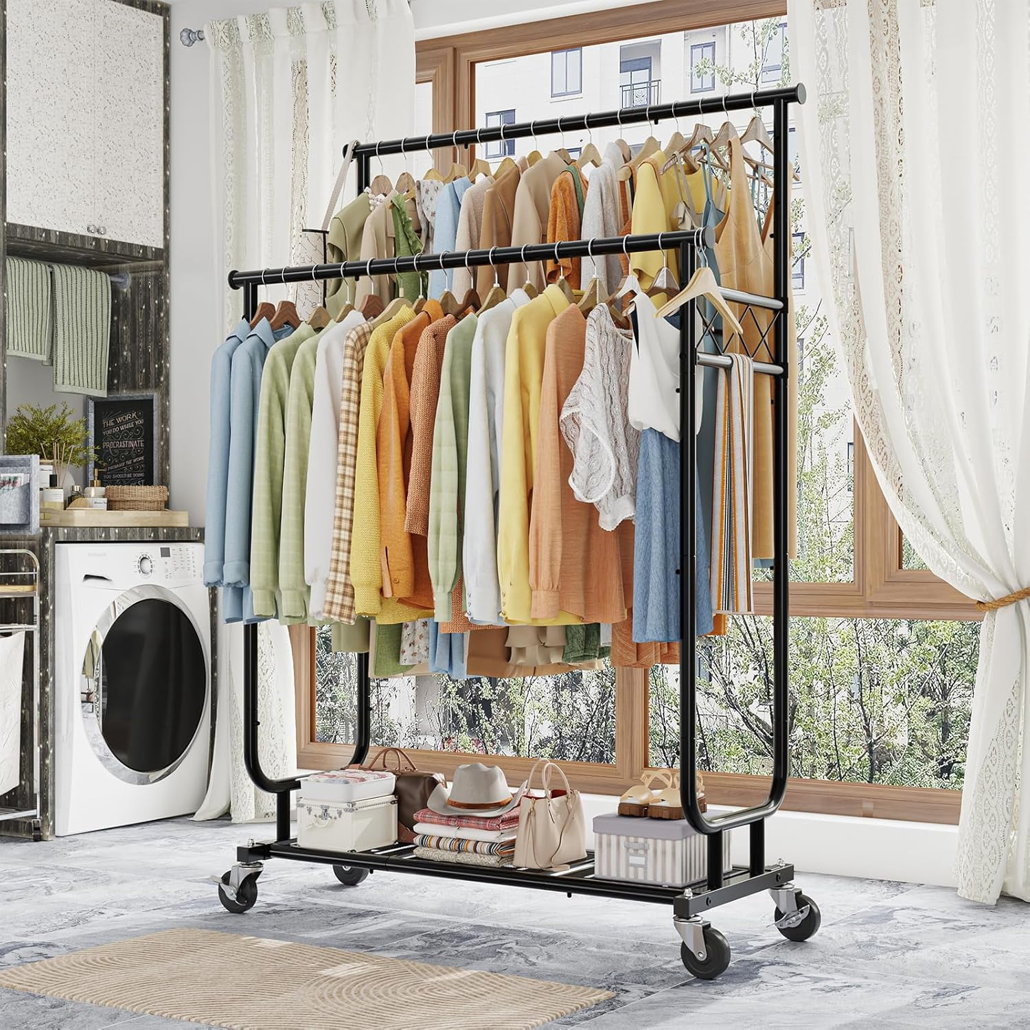 Clothes Rack Load 450LBS, Heavy Duty Clothing Rack with Wheels, Rolling ...