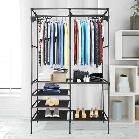 Clothes Rack, Metal Clothing Garment Rack, Heavy Duty Clothing Rack, Freestanding Wardrobe Closet Rack with 4 Shelves, Closet Organizer with 2 Hanging Rods Black 42"x14"x66" for Organization