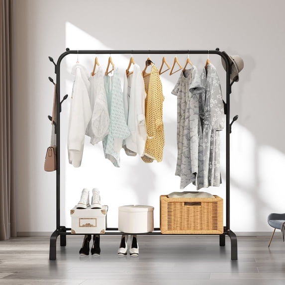 Clothes Rack Metal Clothing Rack with Bottom Shelf Garment Rack for Hanging Clothes Shirts Jeans and Coats Black
