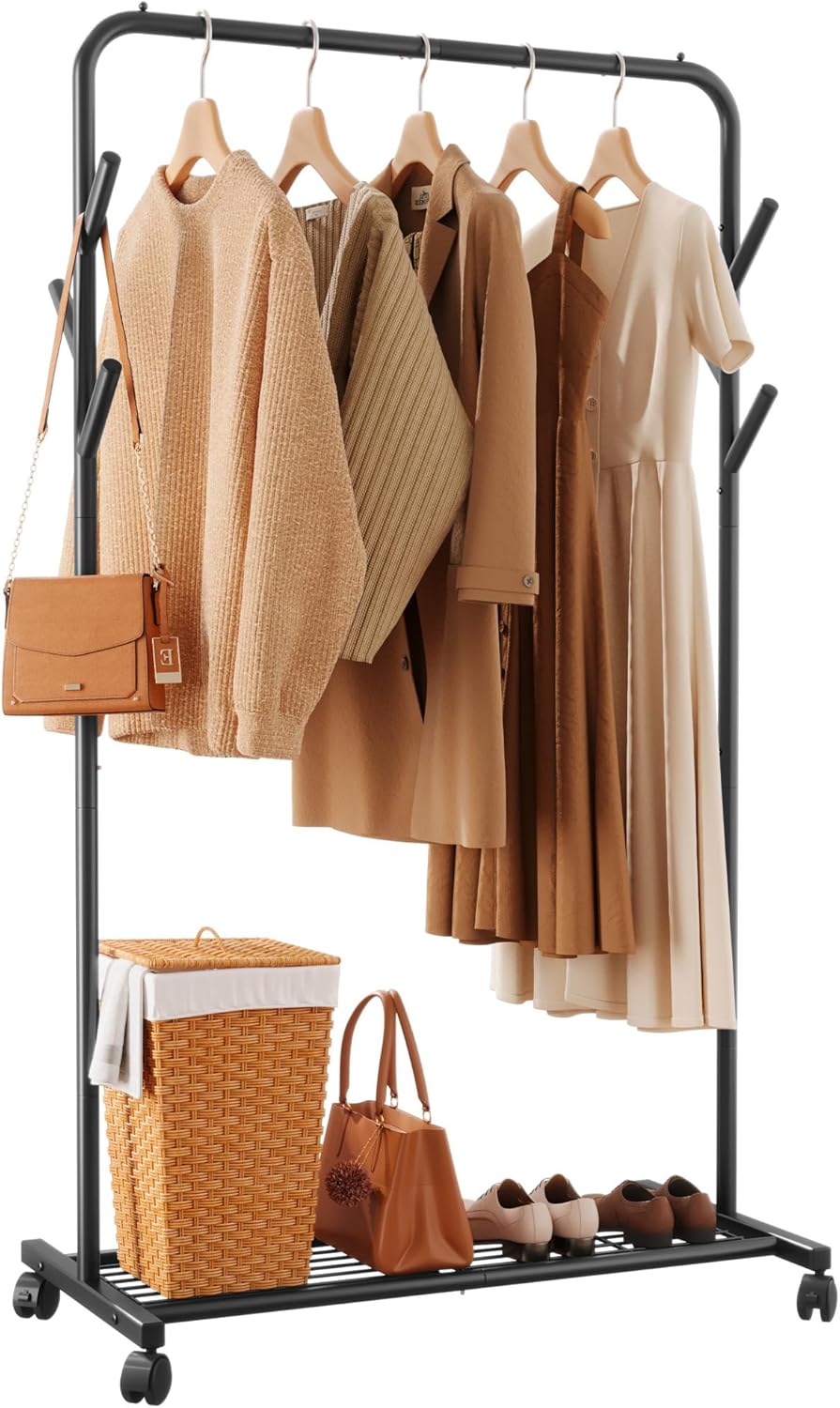 Clothes Rack - Metal Coat Rack with Bottom Shelf, Portable Wardrobe ...