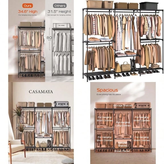 Clothes Rack Portable Closet 80.7 Inch Extra Large Capacity Wardrobe Closet Clothes Storage Organizer with Shees and 5 Hanging Rods Easy to Assembly Black PCT036B01