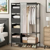 Clothes Rack, Portable Closet, Freestanding Closet Organizer with Curtain, 4 Tier Garment Rack for Bed Room, Black