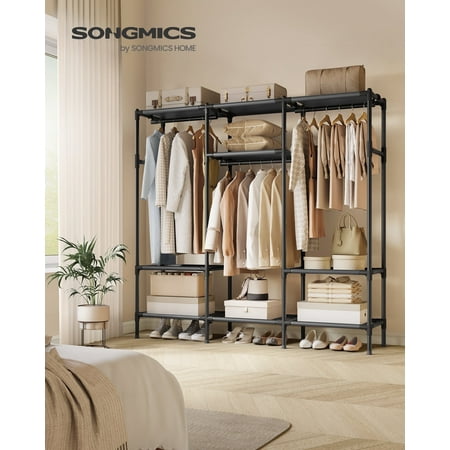 Clothes Rack Portable Closet Heavy Duty Wardrobe Closet Organizer with Hanging Rails and Shelves 74.8”H for Cloakroom Bedroom Ink Black